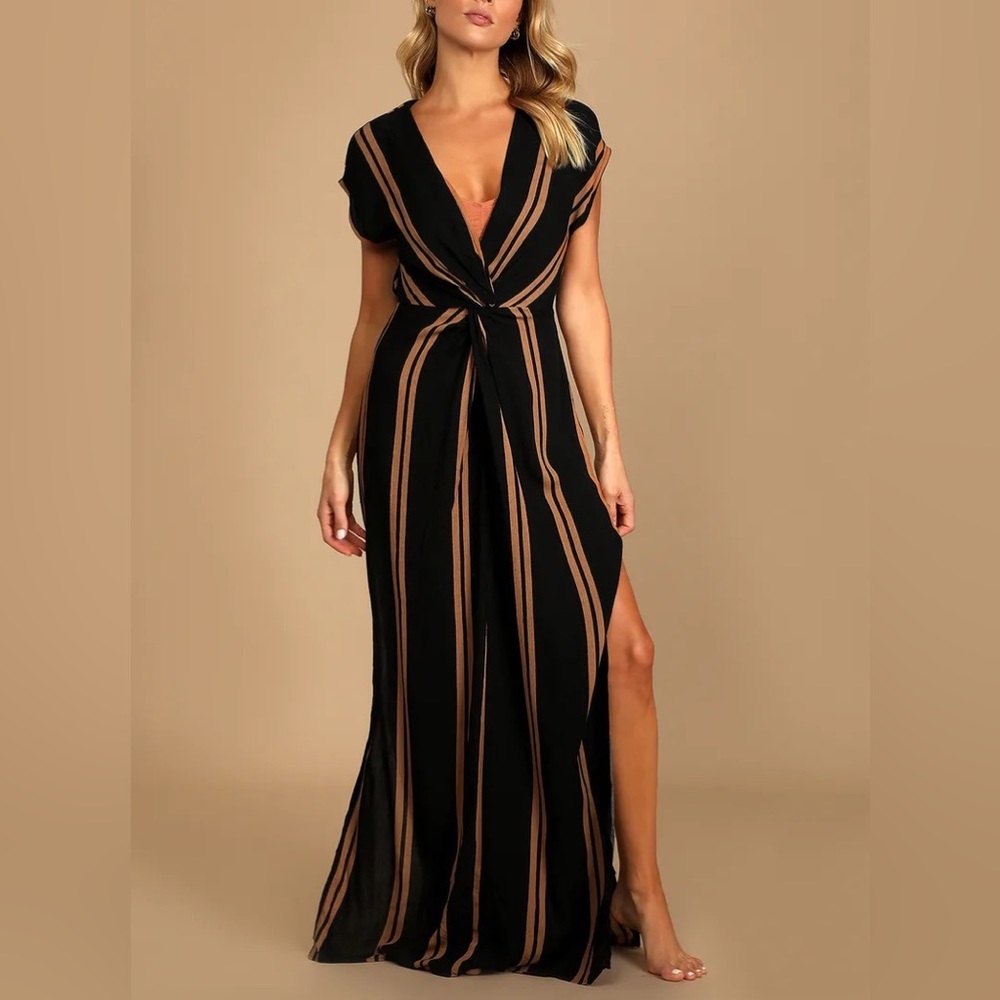 BLACK AND BROWN STRIPED SWIMSUIT COVER-UP OR CASUAL DRESS